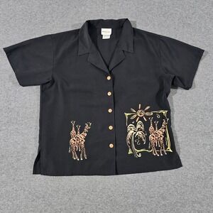 TR Bentley Mens Giraffe Palm Tree Graphic Camp Shirt Black CCM-KM102 Size L